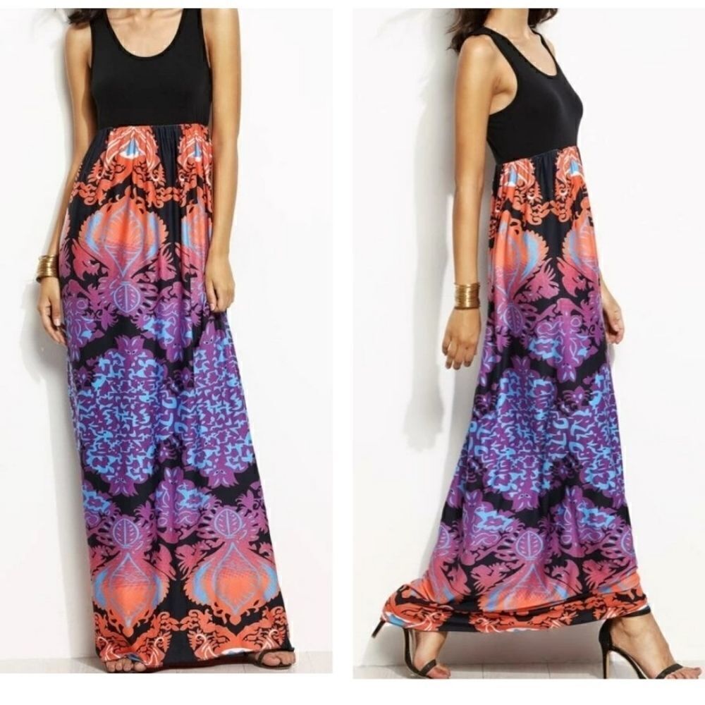 Bohemian Tribal Print Black Sleeveless Maxi Dress‎